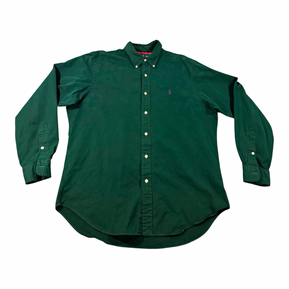 Ralph Lauren Classic Fit Shirt Men's L Green Solid Twill Cotton Embroidered LS